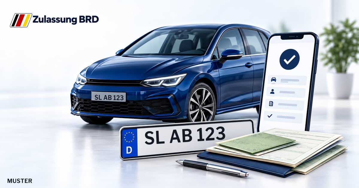 Online Fahrzeugzulassung in Schleswig: Musterkennzeichen SL AB 123, Auto und Fahrzeugpapiere und Smartphone. Illustration mit Logo von Zulassung BRD.